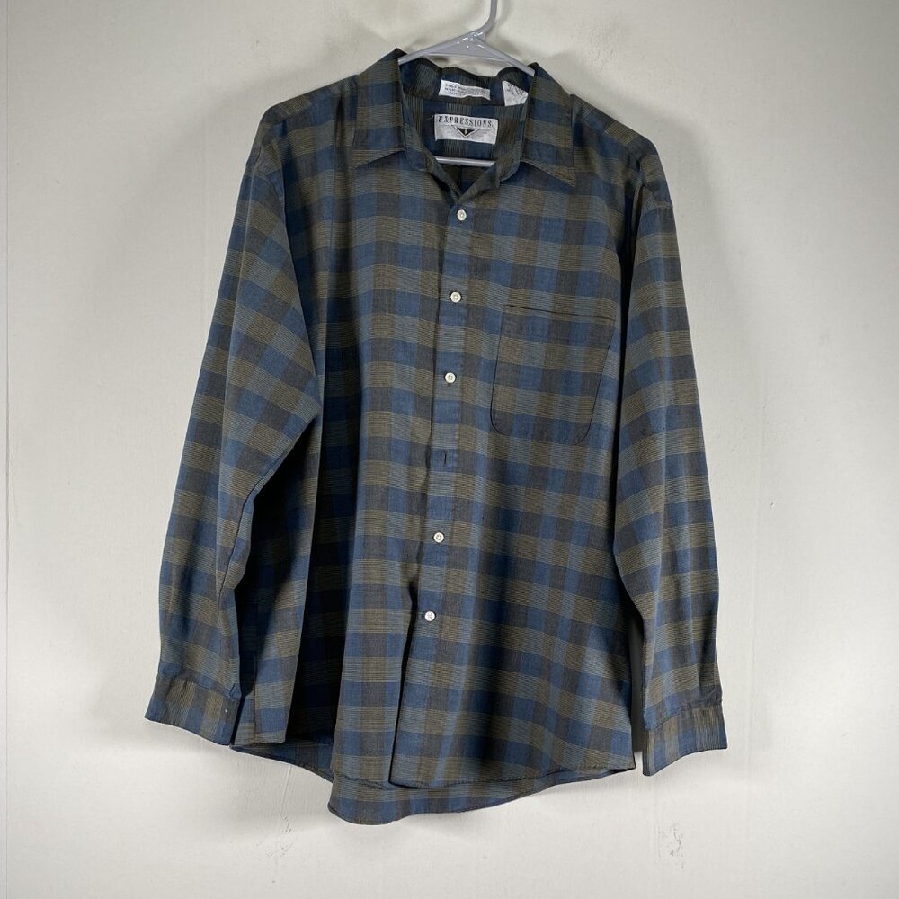 Vintage Expressions Button Up Shirt Top Men's XL Multicolor Plaid VTG Taiwan